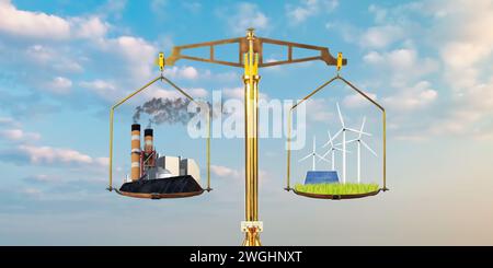 Konzept der konventionellen schadstoffbelastenden Energiefabrik versus erneuerbarer Energie mit Turbinen und Solarpaneelen auf einer Bilanzskala Stockfoto