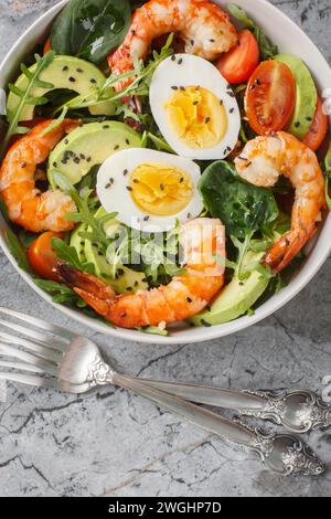 Gesunder diätetischer Bio-Salat mit Garnelen, Avocado, Rucola, Spinat, Tomaten, sesamsamen und gekochte Eier in einer Schüssel auf dem Tisch. Vertikal Stockfoto