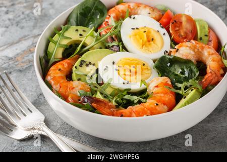 Ausgewogener Frühstückssalat mit Garnelen, Avocado, Rucola, Spinat, Tomaten und gekochten Eiern in Nahaufnahme auf einer Schüssel auf dem Tisch. Horizontal Stockfoto