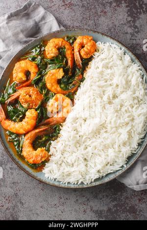 Shrimp Saag ist ein aromatisches Curry mit saftiger Garnele, Zwiebeln, Knoblauch, Ingwer, Spinat und aromatischen Gewürzen, serviert mit Reis-Nahaufnahme auf dem Teller auf t Stockfoto