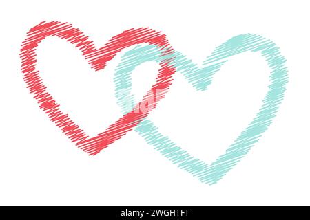 Das flache Logodesign mit der Vektorgrafik der verknüpften Herzen. Einfach Handgezeichnet. Strichgrafik im Retro-Stil. Perfekt für Poster, Karten, Einladungen, T-Shirts oder Valentinstag-Grußkarten. Vektor Stock Vektor