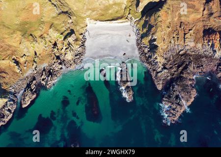 Blick aus der Vogelperspektive auf Scoor Beach im Ross of Mull, Isle of Mull Stockfoto