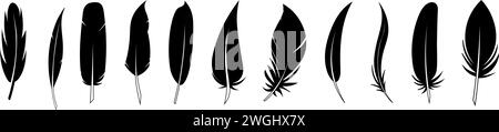 Satz schwarzer Feder in flachem Stil. Vogelfedersatz. Stiftvektorsymbole. Schwarze Silhouette mit Feder. Stock Vektor