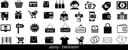 Set mit 200 Shopping Web-Symbolen im Linienstil. Mobiler Shop, digitales Marketing, Bankkarte, Geschenke. Stock Vektor