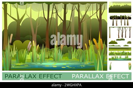 Sümpfe im Wald. Objektträgersatz für Parallaxeneffekt. Lustiger Zeichentrickstil. Bildvektor Stock Vektor