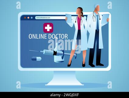 Ärzte mit Stethoskop auf Computerbildschirm, medizinisches Online-Unterstützungskonzept, Vektorillustration Stock Vektor