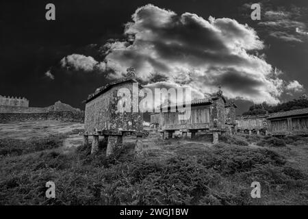 Lindoso Granit alte Kornspeicher, nördlich von Portugal. Schwarzweiß konvertiert. Stockfoto