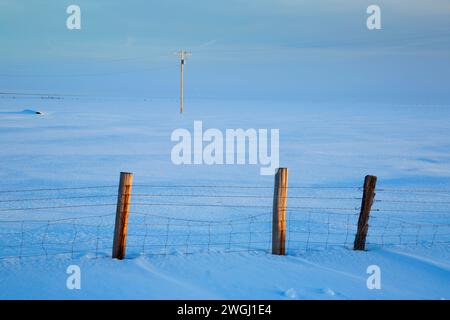 Vieh-Zaun am Klamath Marsh im Winter, Klamath County, Oregon Stockfoto