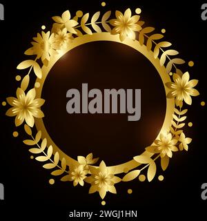 Goldener Kreis Rahmen mit Blätter Dekoration, Vektorillustration Stock Vektor