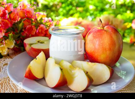 Gesundes Frühstück, hausgemachter Joghurt mit rotem, wunderbarem Apfel. Diätkost Stockfoto