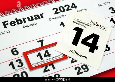 Deutscher Kalender 2024 Februar 14 Valentinstag und Aschermittwoch Donnerstag Freitag Samstag Stockfoto