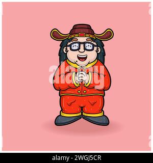 Chinesen Mit Brille Cartoon Für Neujahr. Vektorabbildungen. Stock Vektor