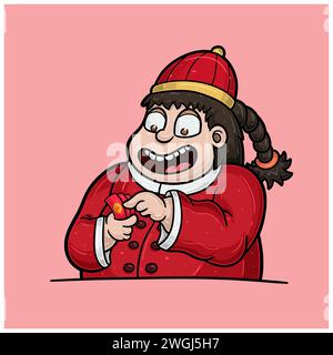 Cartoon von Fat man bringt roten Umschlag für das chinesische Neujahr. Vektorabbildungen. Stock Vektor