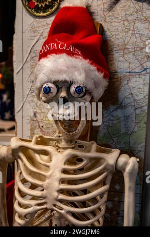 Weihnachtsspaß mit Skelett mit weihnachtsmütze. Stockfoto