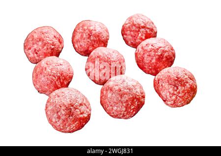 Rohe Fleischbällchen aus gemahlenem Rindfleisch. Isoliert auf weißem Hintergrund. Draufsicht Stockfoto