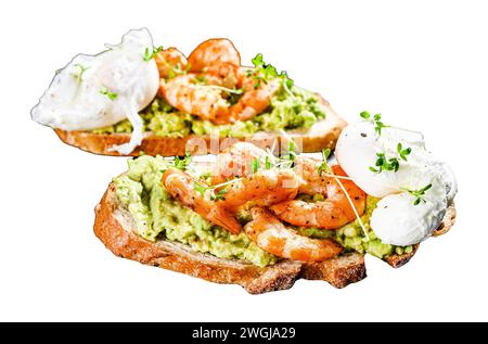 Sandwich mit frischen Garnelen, Garnelen auf Avocado mit Ei, gesundes Essen, skandinavische Küche. Isoliert auf weißem Hintergrund. Draufsicht Stockfoto