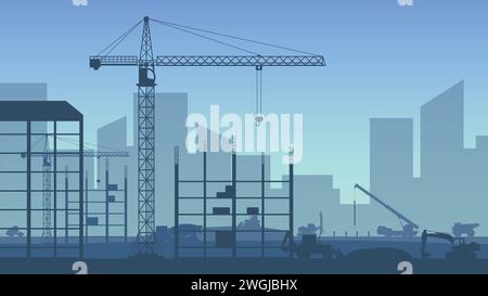 Schwere Baumaschinen in der Stadt. Vektorabbildung. Eps 10. Stock Vektor