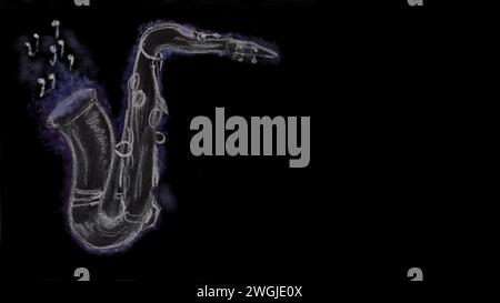 Handgezeichnetes Saxophon mit Noten aus dem Kegel. Leerzeichen für Text. Stockfoto