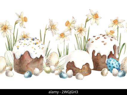 Aquarell Ostern endlose Komposition mit Osterkuchen, Eiern und Narzissen. Handgezeichnete Illustrationen auf isoliertem Hintergrund für Grußkarten, Invit Stockfoto