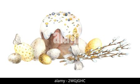 Aquarellkuchen mit einem Blumenstrauß aus Weide, bunten Ostereiern und Schmetterlingen. Handgezeichnete Illustrationen auf isoliertem Hintergrund zur Begrüßung ca. Stockfoto