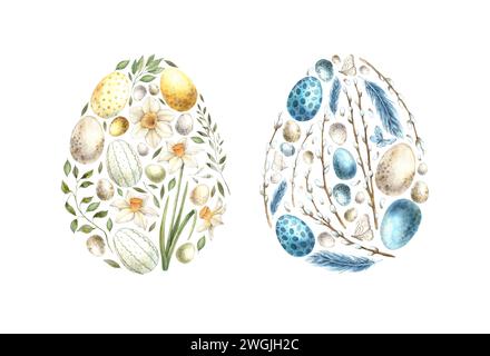 Aquarell Osterset mit zwei blauen und gelben Eiern. Handgezeichnete Illustrationen auf isoliertem Hintergrund für Grußkarten, Einladungen, Happy Holidays, po Stockfoto