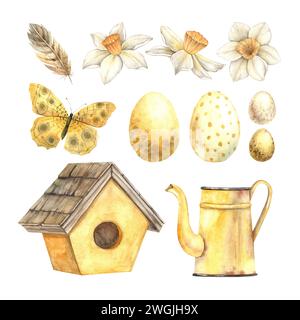 Aquarellset auf einem Ostermotiv in Gelbtönen: narzissen, Feder, Eier, Schleife, Schmetterling, Kanne Handgezeichnete Illustrationen auf isoliertem Hintergrund für Stockfoto