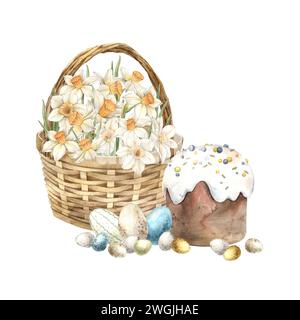 Aquarell Osterkomposition mit Korb und Narzissen Osterkuchen und Eier. Handgezeichnete Illustrationen auf isoliertem Hintergrund zur Begrüßung ca. Stockfoto