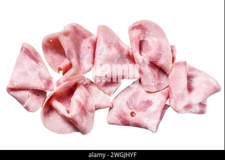 Geschnittene Schweineschinkenwurst. Traditioneller deutscher gekochter Schinken. Isoliert auf weißem Hintergrund. Draufsicht Stockfoto