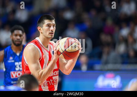 Podgorica, Montenegro. Februar 2024. Luka Mitrovic von Crvena Zvezda beim Basketballspiel der Aba League zwischen KK Buducnost Voli und KK Crvena Zvezda Meridianbet, Podgorica, Montenegro, 5,2.24., Februar, 2024: Stefan Ivanovic/Alamy Live News Stockfoto