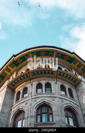 Einige Vögel fliegen über ein hohes Gebäude mit Ornamenten in Istanbul, Türkei Stockfoto