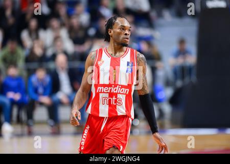 Podgorica, Montenegro. Februar 2024. Javonte Smart von Crvena Zvezda beim Basketballspiel der Aba League zwischen KK Buducnost Voli und KK Crvena Zvezda Meridianbet, Podgorica, Montenegro, 5,2.24., Februar, 2024: Stefan Ivanovic/Alamy Live News Stockfoto