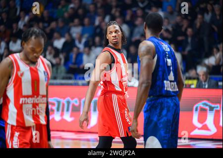 Podgorica, Montenegro. Februar 2024. Frederick Gillespie von Crvena Zvezda beim Basketballspiel der Aba League zwischen KK Buducnost Voli und KK Crvena Zvezda Meridianbet, Podgorica, Montenegro, 5,2.24., Februar, 2024: Stefan Ivanovic/Alamy Live News Stockfoto