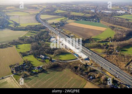 Luftbild, Baustelle mit Ersatzneubau Liedbachtalbrücke der Autobahn A1 nahe dem Autobahnkreuz Dortmund/Unna, Verkehrssituation, Massen, Unna, Ruhrgebiet, Nordrhein-Westfalen, Deutschland ACHTUNGxMINDESTHONORARx60xEURO *** Luftansicht, Baustelle mit Ersatz Liedbachtalbrücke der Autobahn A1 in der Nähe des Autobahnkreuzes Dortmund Unna, Verkehrssituation, Massen, Unna, Ruhrgebiet, Nordrhein-Westfalen, Deutschland ATTENTIONxMINDESTHONORARx60xEURO Stockfoto