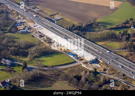 Luftbild, Baustelle mit Ersatzneubau Liedbachtalbrücke der Autobahn A1 nahe dem Autobahnkreuz Dortmund/Unna, Verkehrssituation, Massen, Unna, Ruhrgebiet, Nordrhein-Westfalen, Deutschland ACHTUNGxMINDESTHONORARx60xEURO *** Luftansicht, Baustelle mit Ersatz Liedbachtalbrücke der Autobahn A1 in der Nähe des Autobahnkreuzes Dortmund Unna, Verkehrssituation, Massen, Unna, Ruhrgebiet, Nordrhein-Westfalen, Deutschland ATTENTIONxMINDESTHONORARx60xEURO Stockfoto