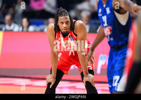 Podgorica, Montenegro. Februar 2024. Frederick Gillespie von Crvena Zvezda beim Basketballspiel der Aba League zwischen KK Buducnost Voli und KK Crvena Zvezda Meridianbet, Podgorica, Montenegro, 5,2.24., Februar, 2024: Stefan Ivanovic/Alamy Live News Stockfoto