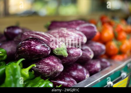 Ein Haufen violett gestreifter Auberginen auf der Gemüsedecke Stockfoto