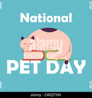 Nationale PET Day Feiertagsillustration für soziale Medien, Kartendesign mit niedlicher Katze im flachen Cartoon-Stil. Katze schläft auf einem Stapel Bücher. Vektor Stock Vektor