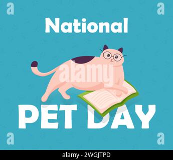 Nationaler Tag des Haustiers im flachen Cartoon-Stil. Weihnachtsdesign mit niedlicher Katze in Gläsern mit Buch für Post, Banner, Poster, Karte. Vektorabbildung Stock Vektor
