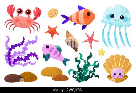 Unterwasser-Set mit Tieren im flachen Cartoon-Stil. Stock Vektor