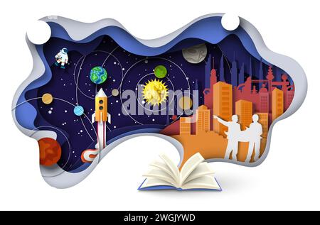 Fantastisches Buch über wissenschaftliche Entdeckungen Weltraumforschung Stock Vektor