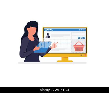 Geschäftsfrau hält eine Rede, die Website für Marketing-Präsentationsbildschirm zeigt. Betriebswirtschaftliches Konzept. Flacher Stil Farbe moderner Vektor Stock Vektor