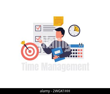 Geschäftsmann, der ein Buch mit Uhr, Kalender, Ziel, Checkliste hält. Zeitmanagementkonzept in der betriebswirtschaftlichen Illustration. Konstruktionselement für flache Vektoren Stock Vektor