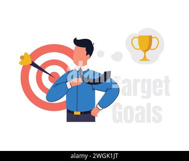 Geschäftsmann in Anzug und Krawatte mit einem Pfeil in der Mitte des Ziels und der Trophäe. Vektorflaches Design für Geschäfts- und Finanzillustration Stock Vektor