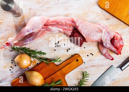 Rohes Kaninchen mit Zwiebeln und Gewürzen Stockfoto