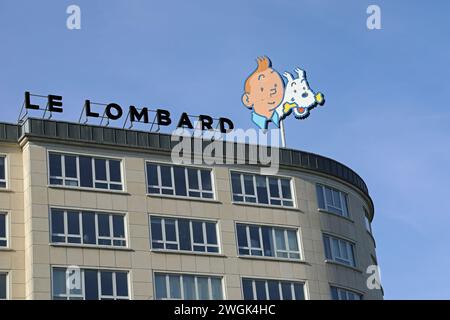 Tintin und Snowy im Le Lombard-Gebäude in Brüssel Stockfoto