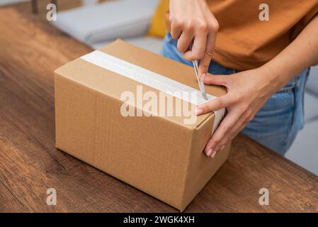 Mit Utility Blade Woman öffnet Online-Shopping-Lieferung von einem Karton Stockfoto