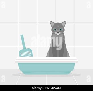 Eine graue Katze, die in einem Katzenklo im Badezimmer sitzt. Illustration des flachen Vektors Stock Vektor