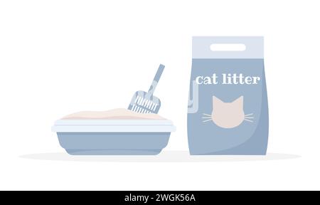 Katzenstreu Füller und Katze WC Tablett mit Schaufel isoliert auf weißem Hintergrund, flache Vektor-Illustration Stock Vektor