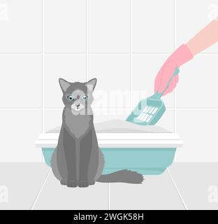 Eine graue Katze und eine Hand in einem Gummihandschuh mit einem Spachtel, der die Katzenklo im Badezimmer reinigt. Illustration des flachen Vektors Stock Vektor