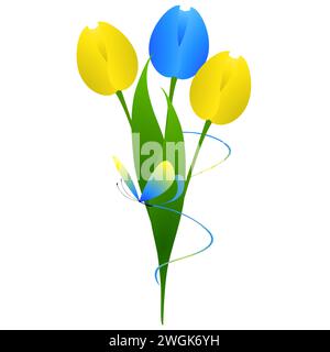 Gelbe und blaue Tulpen mit einem Schmetterling auf weißem Hintergrund. Stock Vektor